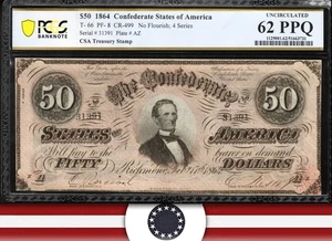 T-66 1864 $50 CONFEDERATE CURRENCY PCGS 62 PPQ CIVIL WAR BILL 31391 - Picture 1 of 3