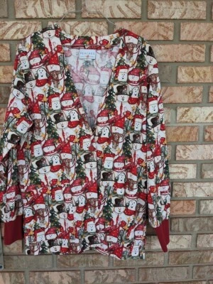 PEACHES-Woman Scrub Jacket-Size Small-Red-Snowman Print-Button Front-Long Sleeve - Image 1 of 4