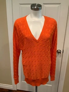 Lauren Ralph Lauren Bright Orange Cable Knit V-Neck Sweater, Size L - Picture 1 of 6