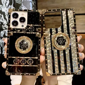 For iPhone 16 Pro Max 15 14 13 12 11 XS XR Glitter Bling Gold Flower Case W/Ring - Picture 1 of 14