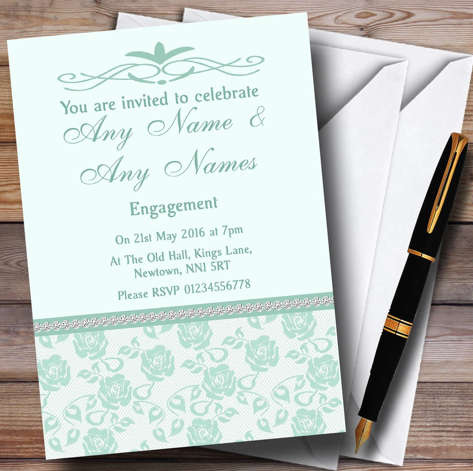 Pretty Mint Green Sage Diamante Personalised Engagement Party Invitations - Image 1 of 1
