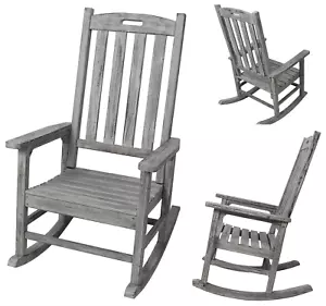 Wood Porch Rocking Chair High Back Patio Rocker Chair 330lbs Capacity Heavy Duty - Picture 1 of 16