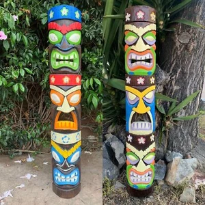 Juego de 2 Máscaras Tótem Tiki Talladas a Mano 3 Rostros Tropical Bar Patio Decoración 39" x 6" - Imagen 1 de 5