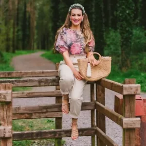 H&M Puff-Sleeved Camicetta Fiori Floreale Nero Rosa Viola TOP S Piccolo 8 10 4 6 - Foto 1 di 12