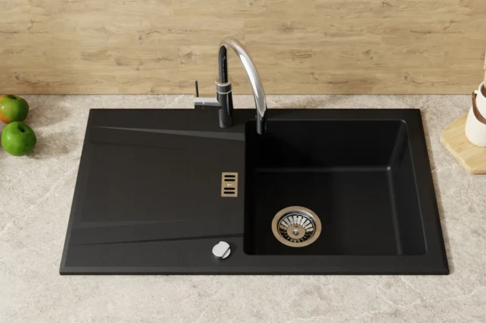 HOMELINE Granitspüle Küchenspüle Granit Siphon Einbauspüle Spülbecken Spüle 76x44 cm