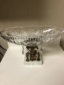 Vintage Oval Lead Crystal Footed Bowl Pinwheel Cut Crystal Etched Brass Base - Picture 1 of 10