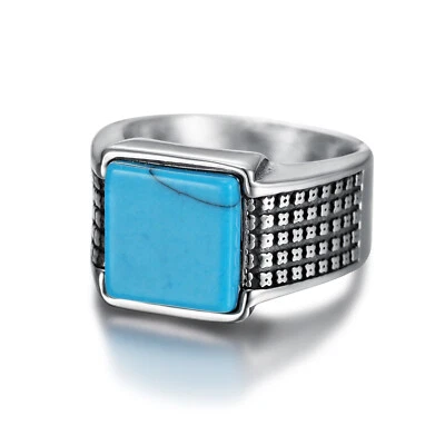 Anillo de boda cuadrado azul turquesa anillo de acero inoxidable para hombres y mujeres anillos clásicos Foto 1 de 4