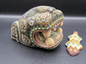 Vintage Huichol beaded jaguar head & gecko Mexico folk art bead work  - Picture 1 of 19