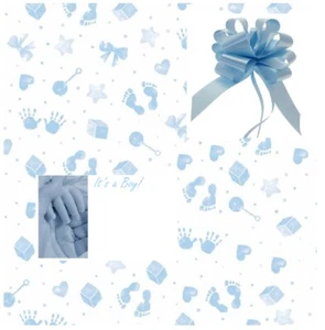 Blue Baby Boy Cellophane Gift Wrap Baby Shower + Pull Bow Ribbon & Message Card - Picture 1 of 9