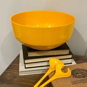 Vintage gelbes Kunststoff Salatschüssel Set mit Servierbesteck Dänemark Mid Century - Bild 1 von 7