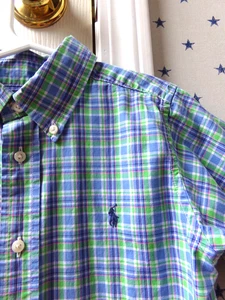 Camicia elegante vintage ragazzo RALPH LAUREN blu verde a quadri 5 polo cotone bottoni $55 - Foto 1 di 14