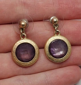 Purple Mother Of Pearl Faceted Acrylic Matte Gold Tone Circle Dangle Earrings - Picture 1 of 5
