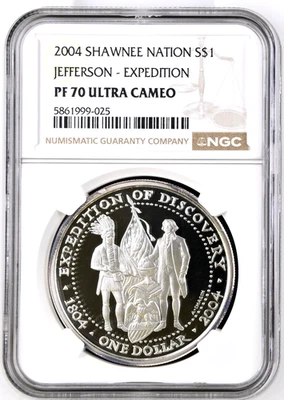 2004 Shawnee Tribe $1 Dollar Shane Nation Jefferson Expedition Silver NGC PF70UC - Image 1 of 4