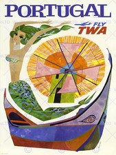 TRAVEL TWA AIRLINE PORTUGAL WINDMILL MERMAID VINTAGE POSTER ART PRINT 1057PY