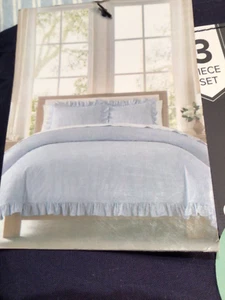 Brooks Brothers QUEEN Duvet & Sham Set 3 PC Blue White Stripe Ruffle Cotton NWT - Picture 1 of 8