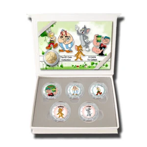 2 Euro Coloured Coin Box Set 5 Cartoons - Asterix & Obelix , Popay , Tom & Jerry - Picture 1 of 10