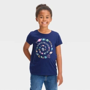 Cat & Jack Girls Short Sleeve The Sky is the Limit Navy Blue Planets Shirt XL 14 - Picture 1 of 6