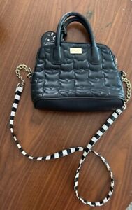 Betsy Johnson Black Leather Cat Quilted Crossbody Chain Leather Striped Strap 
