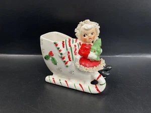 Vintage Christmas Napco Ceramic Candy Cane Sleigh Girl With Tree Spaghetti Trim - Picture 1 of 18