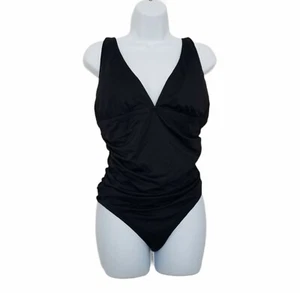 Carmen Marc Valvo Ruched One Piece Swimsuit Size 14 Silver Ring Detail V-Neck.  - Bild 1 von 8
