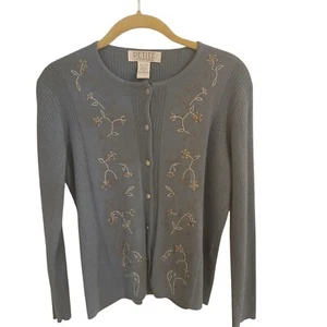 Petite Sophisticate Women's Rib Knit Blue Embroidered Cardigan Sweater  Size S - Picture 1 of 6