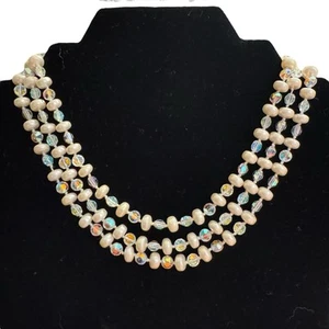 Vintage 3 Strand Faux Pearl Iridescent Beaded Necklace AB Aurora Borealis Ivory - Picture 1 of 4