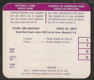 BROOKE BOND (TEA)-(CANADA) COMPLETION CARD- MEDIUM SIZE - BUTTERFLY CARDS - Picture 1 of 2