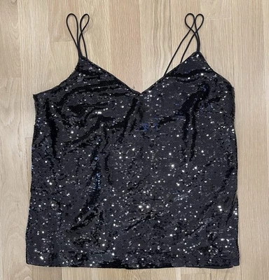 NUEVO CON ETIQUETAS CAMISETA SIN MANGAS H&M LENTEJUELAS NEGRAS CORREAS ESPAGUETI CAMISOLA 2 ABERTURAS TRASERAS XL Foto 1 de 4