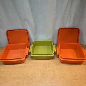 Vintage Tupperware 1362 Square Away Sandwich Keepers 2 Orange 1 Green 2 Lids - Picture 1 of 11