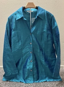 TRAVELSMITH Damen Größe XL Top Bluse Jacke Knopfleiste 100% Seide irisierend blau - Bild 1 von 11