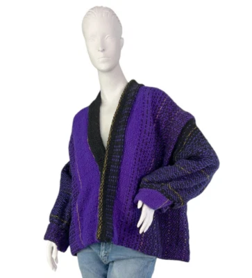 Chaqueta corta abierta tejida a mano vintage años 80 tejido de lana púrpura arte fibra talla O/S Foto 1 de 4