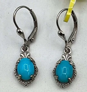 India Argento 0.925 Orecchini Pendenti con Vetro Blu Turchese Cabochon D'Joy - Foto 1 di 7