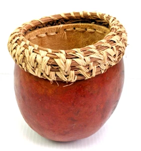 Vintage Natural Gourd Art Bowl Open Basket Woven Straw Top Edge Native style - Picture 1 of 8