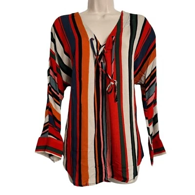 Olivaceous V Neck Tie Size Large Rayon Blouse Striped Anthropologie Blouse Top - Image 1 of 4