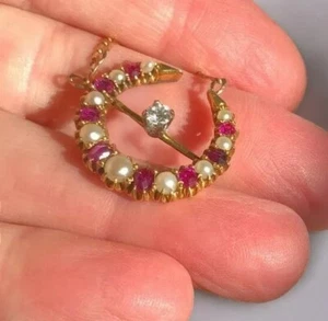 Women's Moon Pendant Necklace Lab Created Ruby & Pearl 14K Yellow Gold Plated - Picture 1 of 5