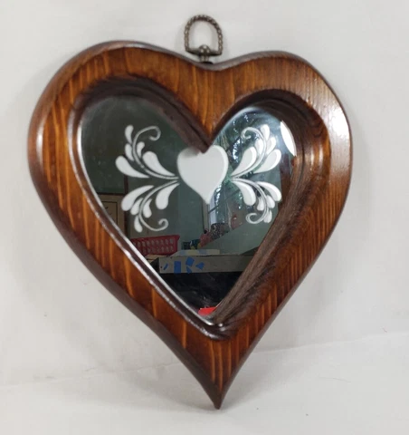 Vintage Wood Heart Shaped Mirror Etched Glass Wall Hanging Or Picture Frame Cover