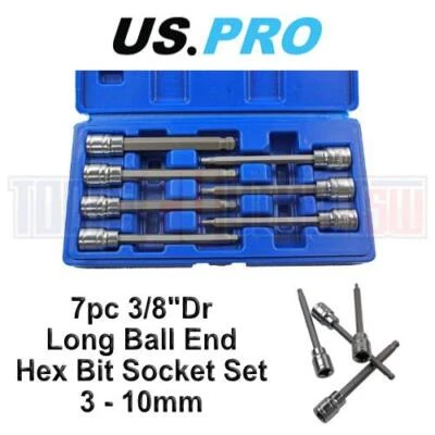 US PRO 7pc 3/8"Dr Long Ball End Hex Bit Socket Set 3 - 10mm Allen Key 1499 - Image 1 of 4