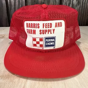 Vintage Full Mesh Trucker Hat Red Purina Chows Harris Feed Farm Supply Cap 80s - Picture 1 of 11