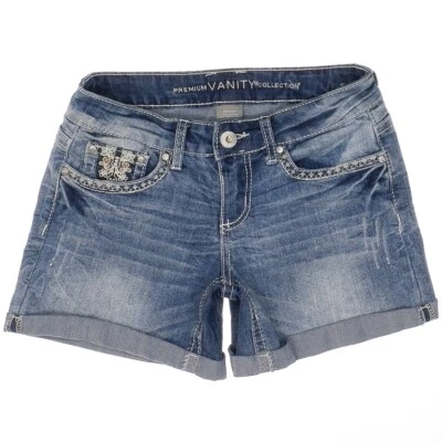 Pantalones Cortos Vanity 27 Original Puños Azul Bordado Denim Mujer Medidas W28 Foto 1 de 4