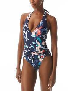 NWT Carmen Marc Valvo Womens Floral-Print V-Neck Halter Blue Size 12 $150 FF310 - Picture 1 of 2