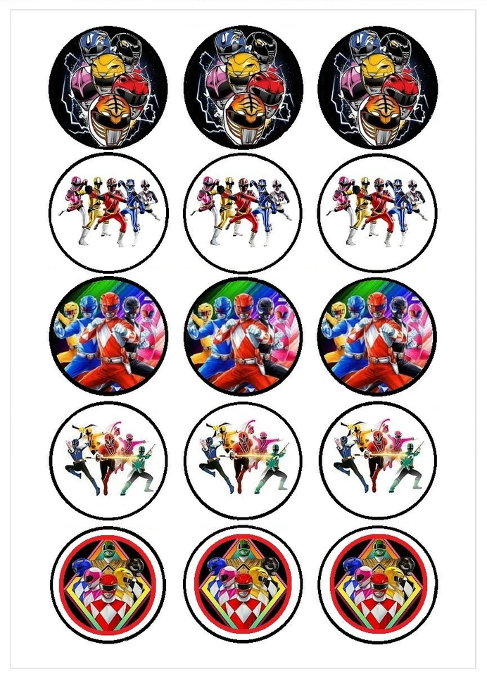 Power Rangers. Lot de 15 décorations comestibles, Azyme, disques diamètre 5cm.
