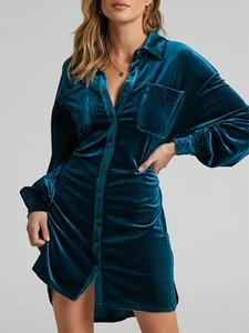 Collared Neck Button Down Long Sleeve Mini Dress - Picture 1 of 10