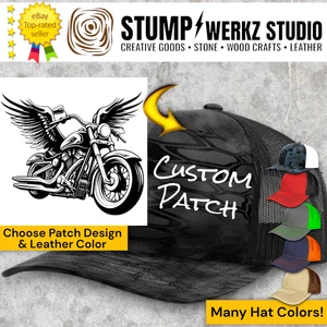 Custom Hat Trucker Baseball Cap Richardson Leather Patch Motorcycle Bike & Wings - Picture 1 of 22