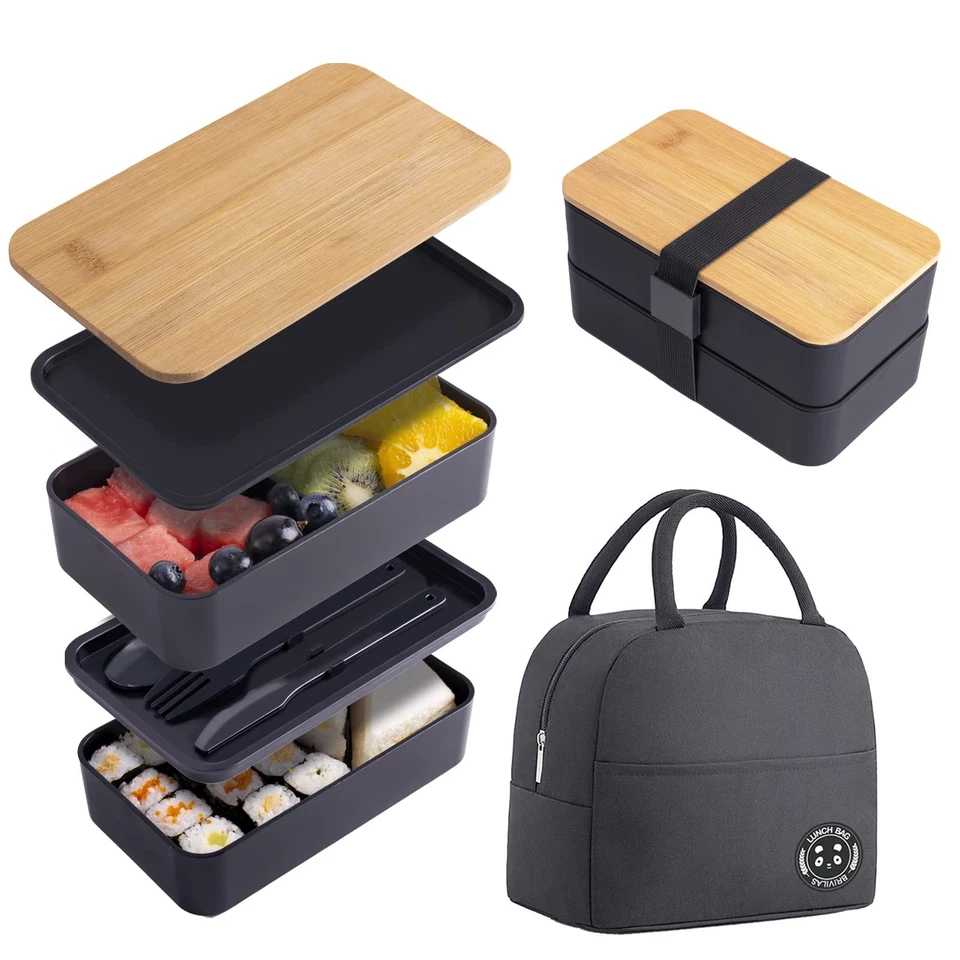 Japanese Bamboo Bento Box with Compartments and Utensils Stackable Lunch Box ... - Image 1 of 4