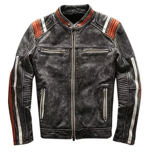 Giacca In Pelle Distressed Da Moto Cafe Racer Vintage Per Uomo - Foto 1 di 3