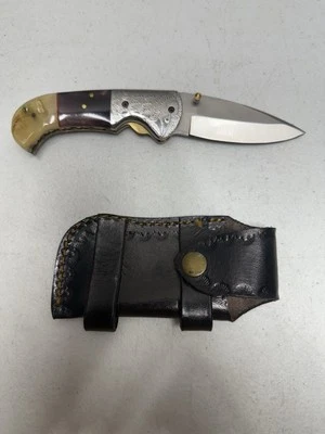 "Cuchillo trasero plegable de acero D2 Tool hoja de 3"" mango de cuerno de carnero de 4-1/4"" con funda" Foto 1 de 4