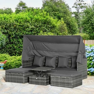 4-PC Patio Rattan Wicker Sofa Set Coffee Table Set w/ Cushions Gray - Picture 1 of 11