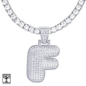 Icy Bubble Letter F Initial Silver Plated Pendant 24" Tennis Chain Necklace  - Picture 1 of 3