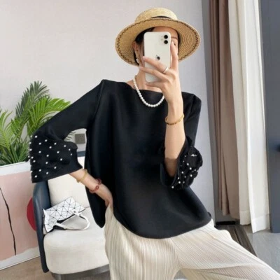 T.O.P. Pleats Please Issey Style Pleated Top, Pearl Studded Flared Half Sleeves Blouse