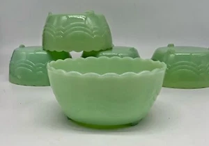 5 VINTAGE Anchor Hocking Fire King Jadeite scalloped rim footed bowls Oven glass - Picture 1 of 4